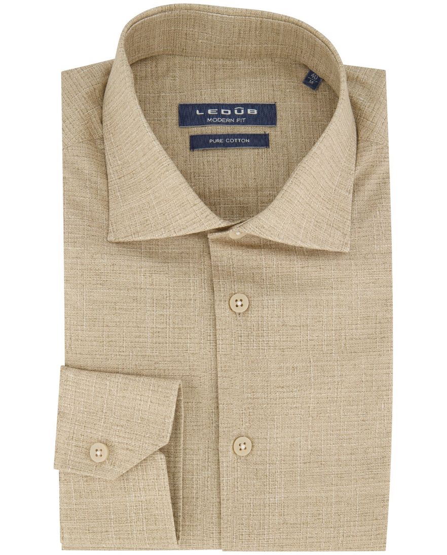 Beige gemêleerd Ledub overhemd Modern Fit katoen