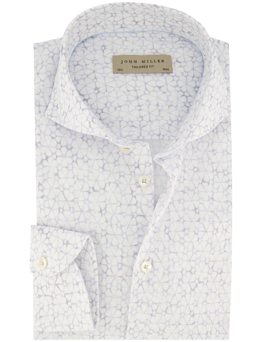 Tailored fit John Miller overhemd mouwlengte 7 wit geprint linnen