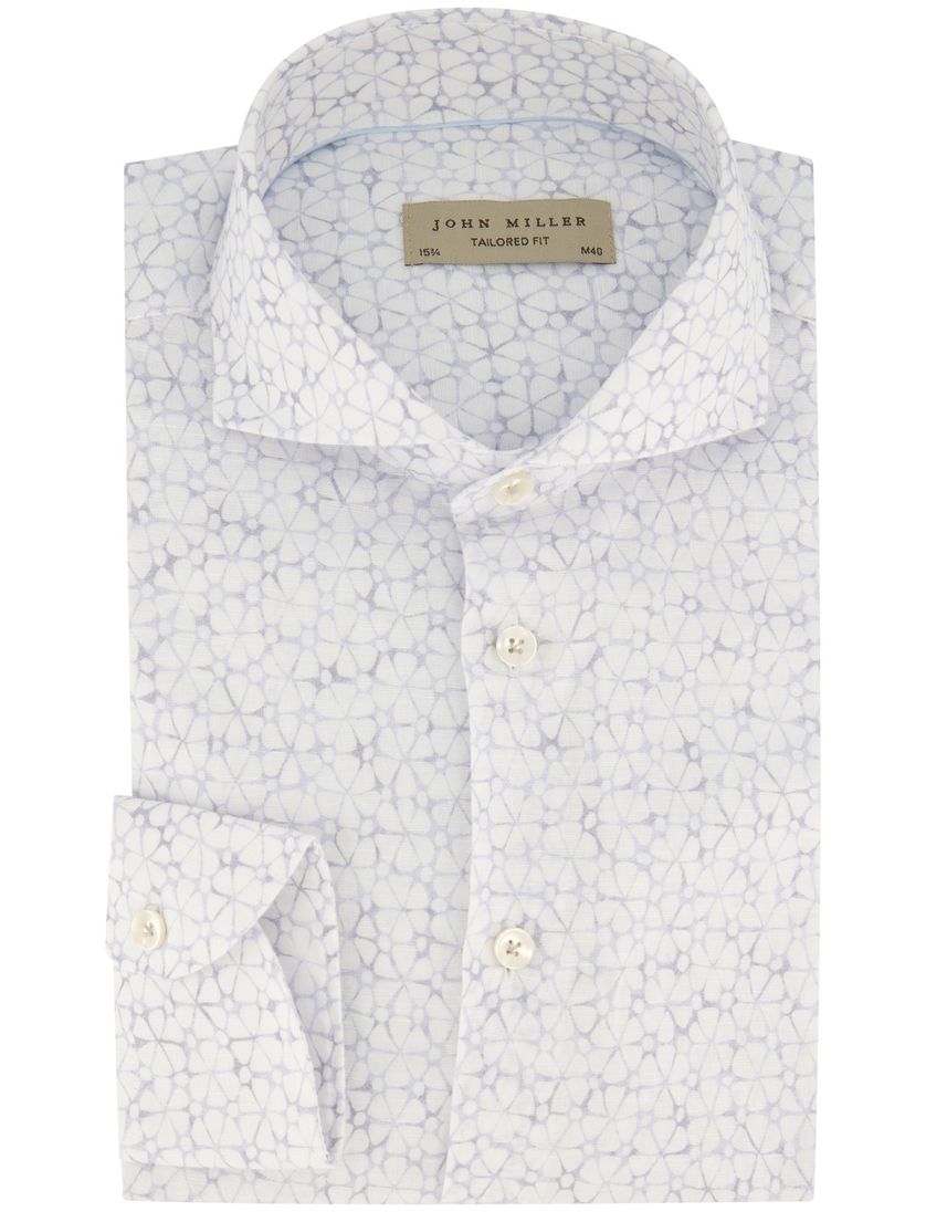Tailored fit John Miller overhemd mouwlengte 7 wit geprint linnen