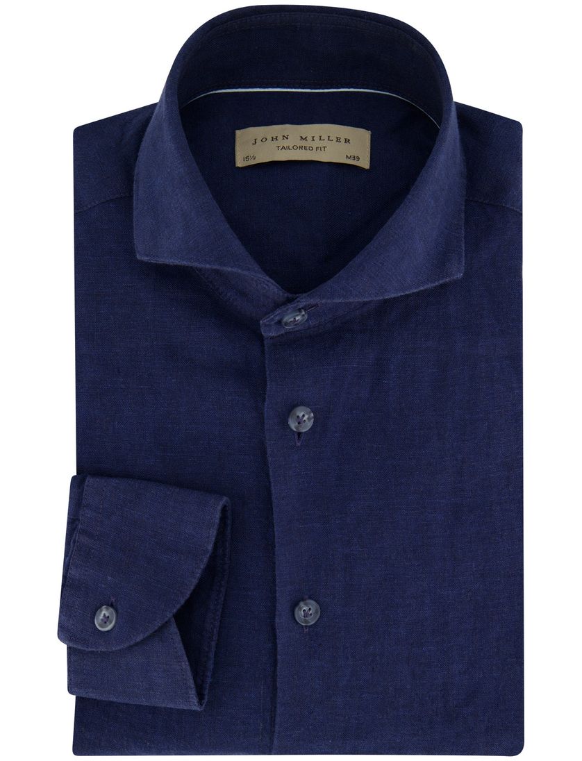 Donkerblauw John Miller linnen overhemd slim fit