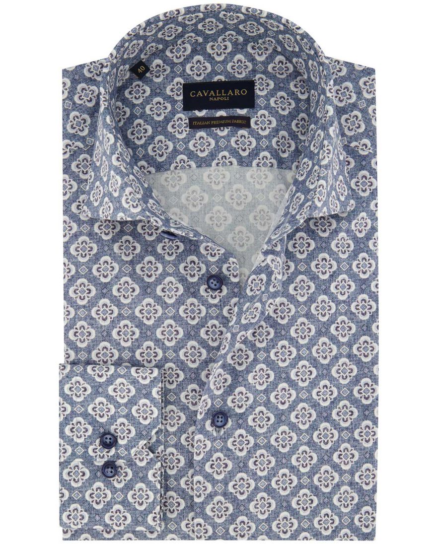 Blauw geprint Cavallaro Taranto overhemd slim fit katoen