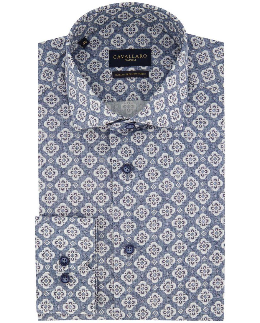 Blauw geprint Cavallaro Taranto overhemd slim fit katoen