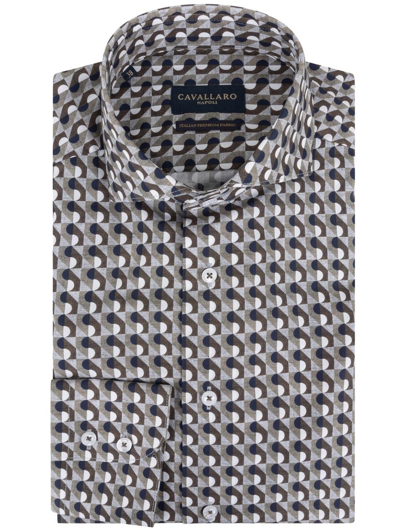 Overhemd Cavallaro mouwlengte 7 donkergroen geprint katoen slim fit