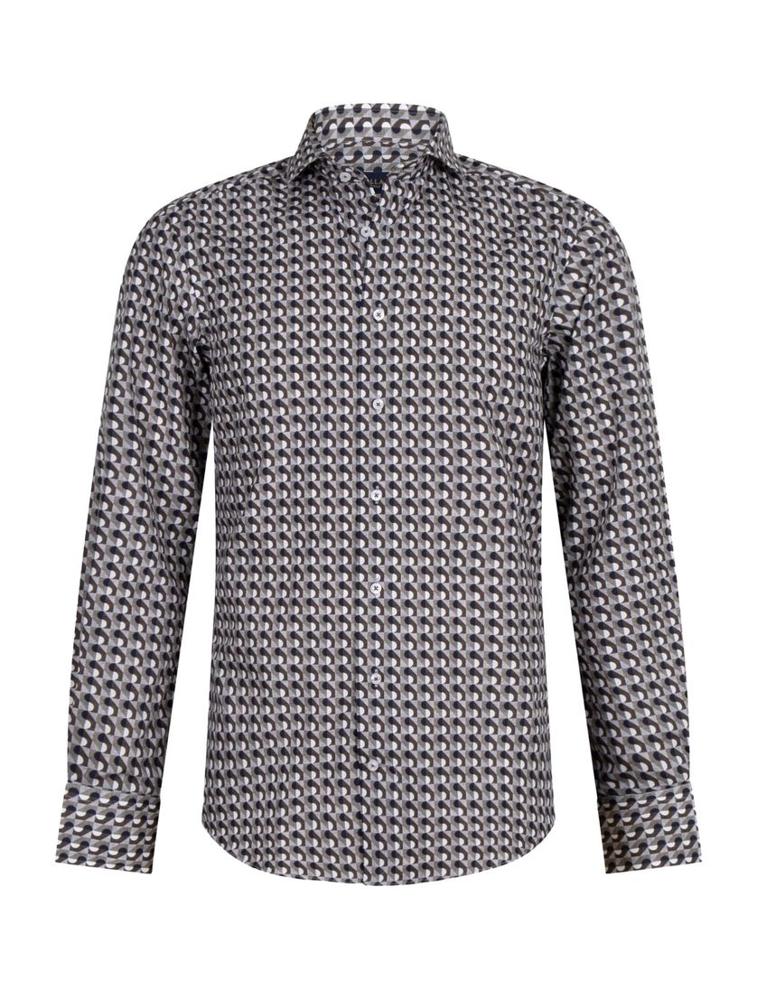 Overhemd Cavallaro mouwlengte 7 donkergroen geprint katoen slim fit