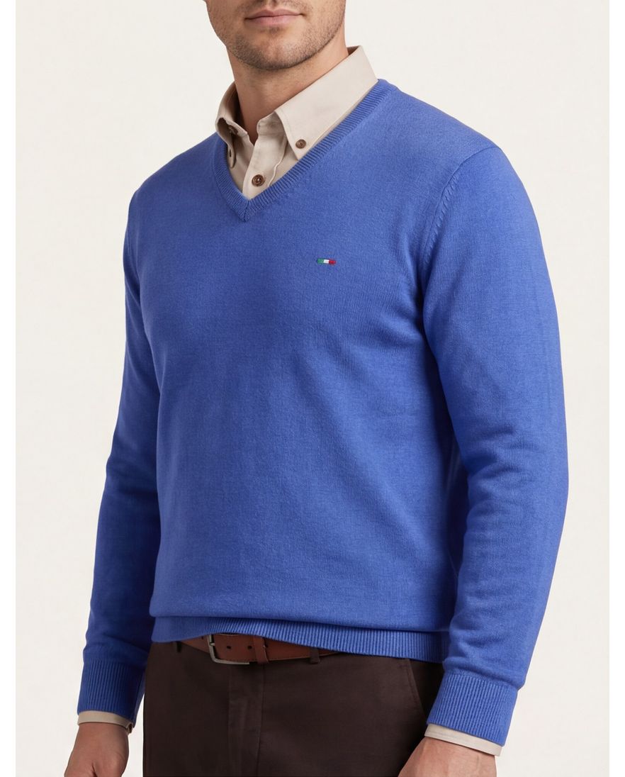 Portofino trui effen blauw katoen v-hals