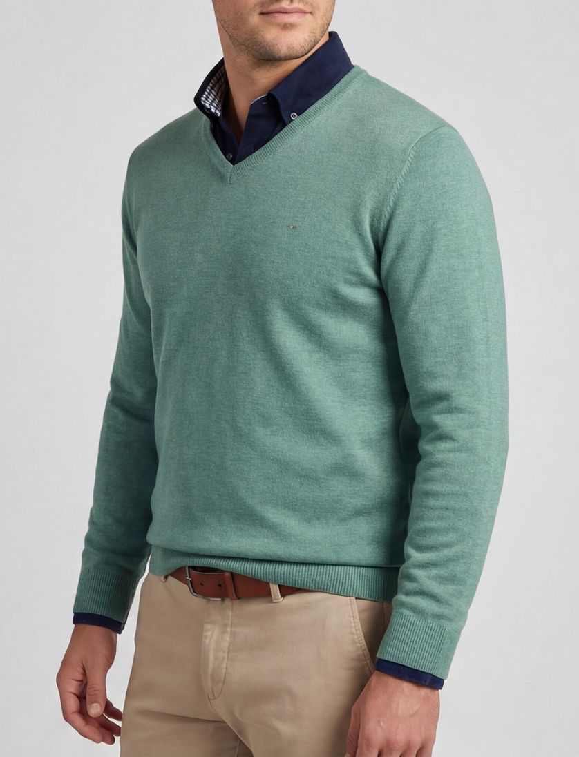 katoenen Portofino trui effen groen v-hals