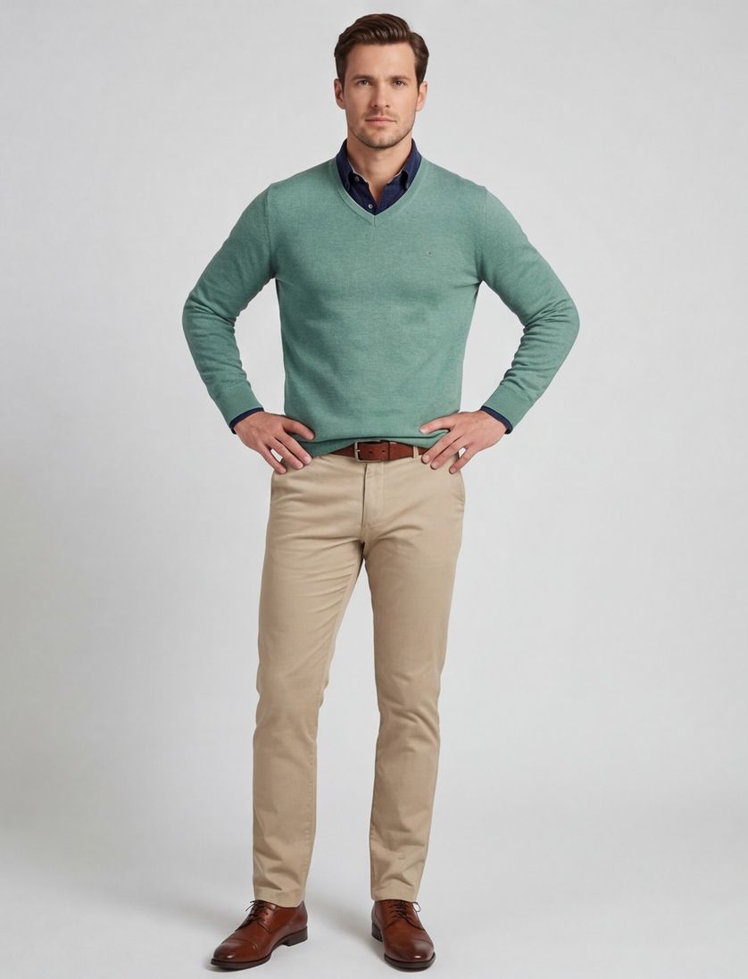 katoenen Portofino trui effen groen v-hals