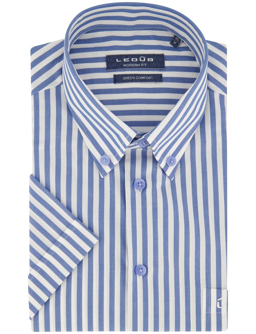 Ledub overhemd blauw gestreept korte mouw normale fit