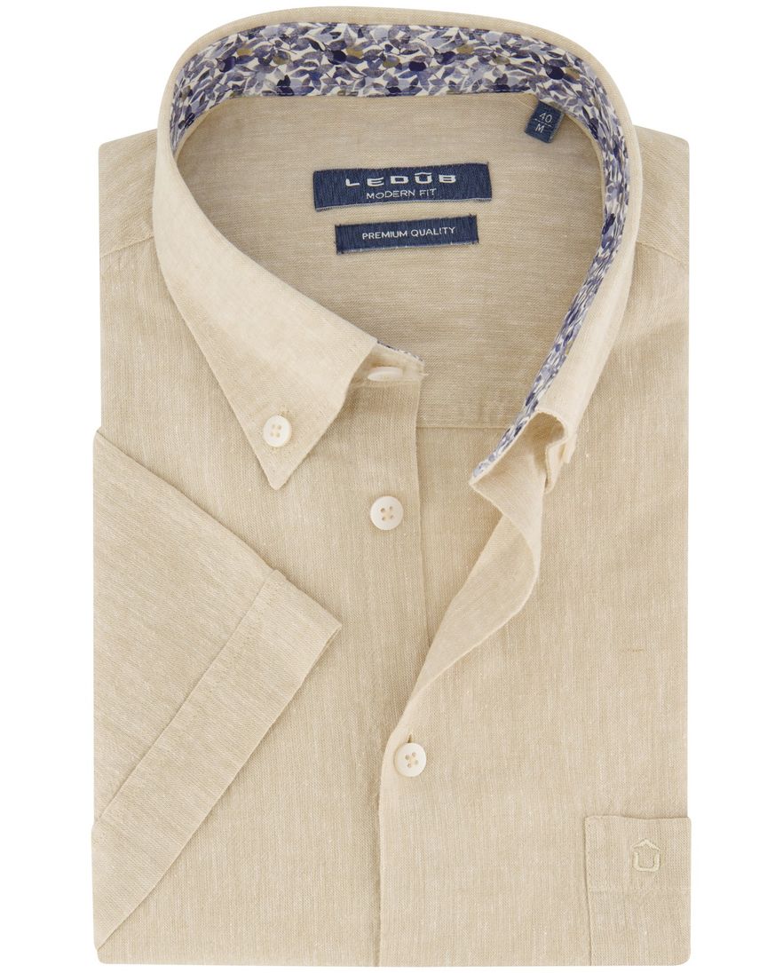 Ledub overhemd korte mouw beige effen normale fit