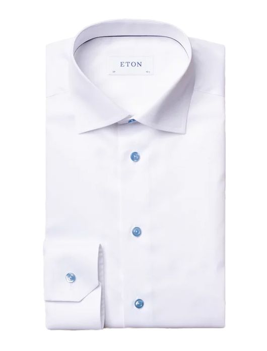 Eton overhemd wit effen met lichtblauwe knopen