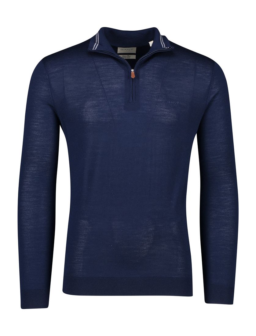 Gant trui navy effen merinowol half zip