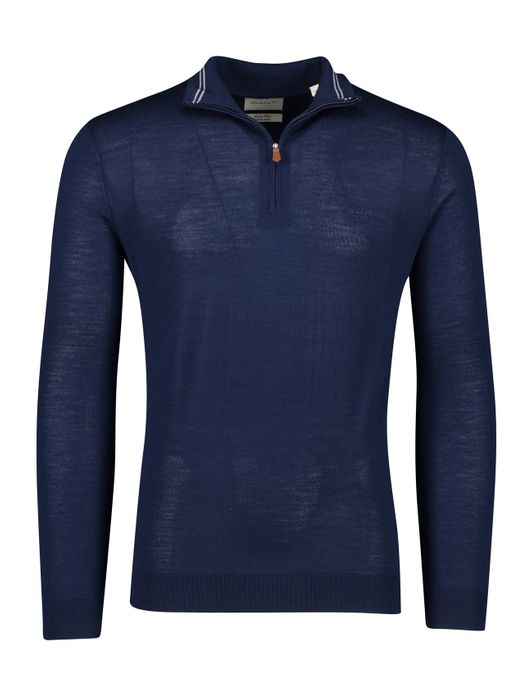 trui Gant donkerblauw effen merinowol half zip