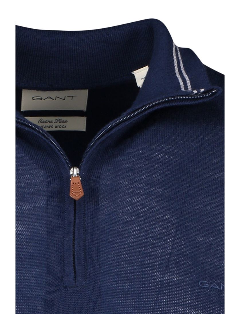Gant trui navy effen merinowol half zip
