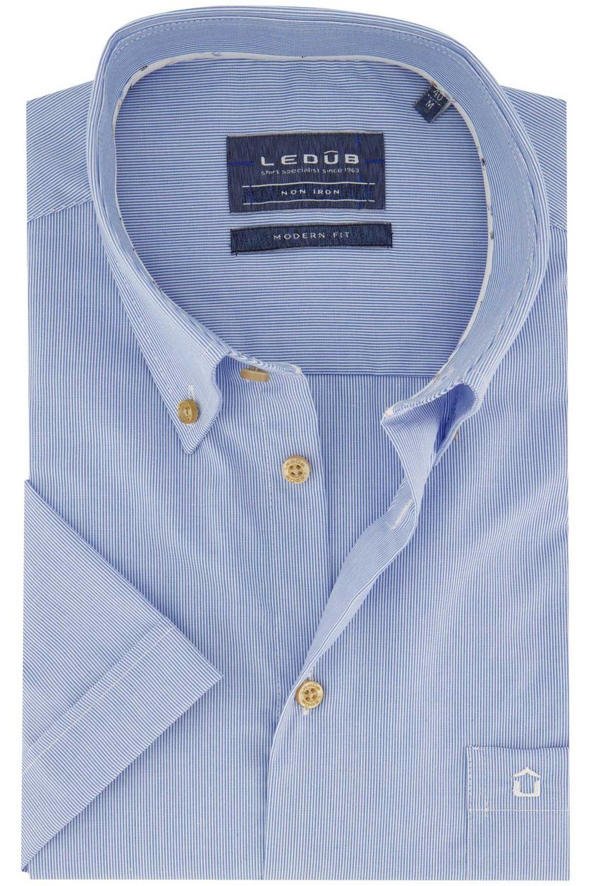 Ledub overhemd Modern Fit blauw korte mouw gestreept