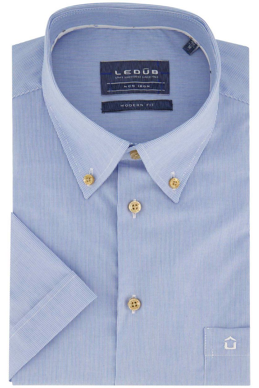 Ledub overhemd Modern Fit blauw korte mouw gestreept