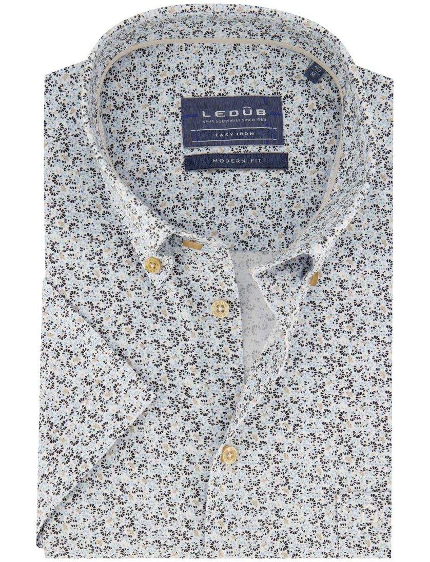 Ledub overhemd korte mouw Modern Fit blauw zwart geprint