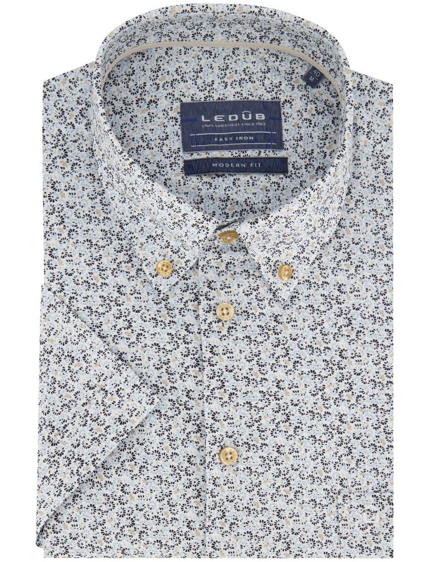 Ledub overhemd korte mouw Modern Fit blauw zwart geprint