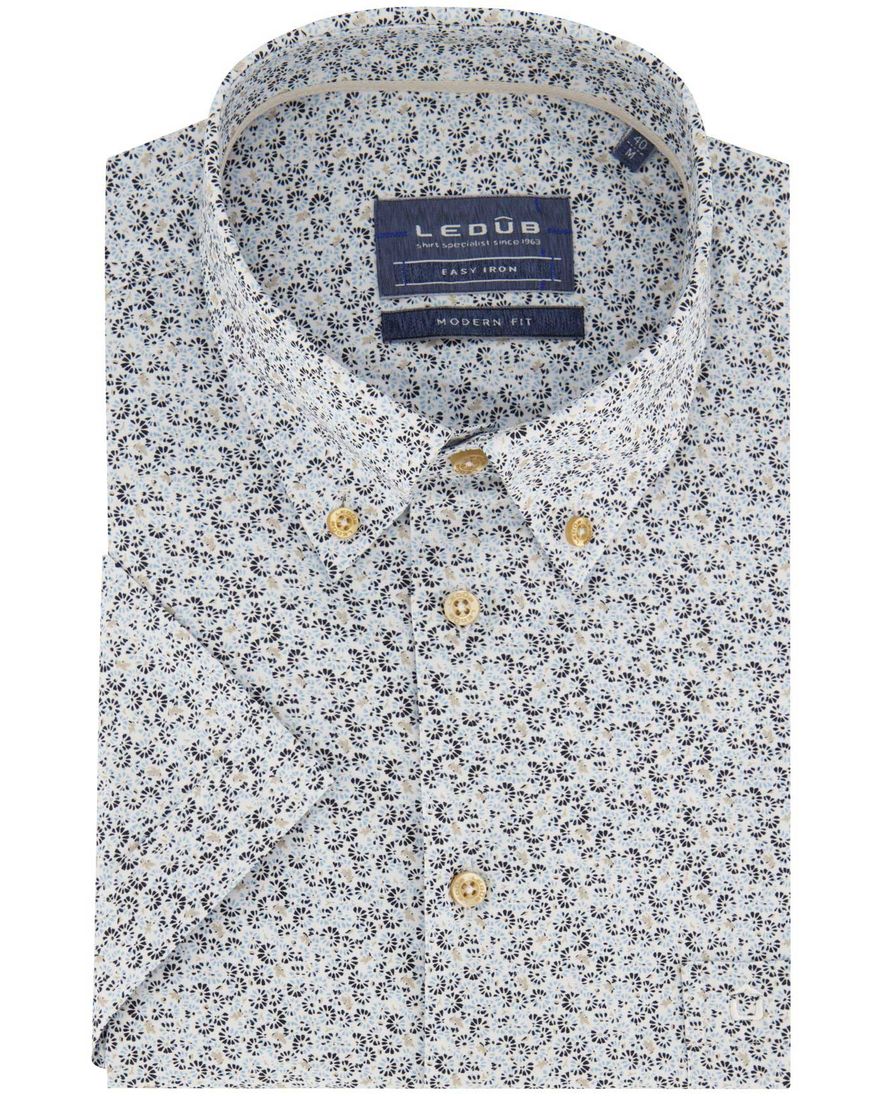 Ledub overhemd Modern Fit korte mouw blauw zwart geprint