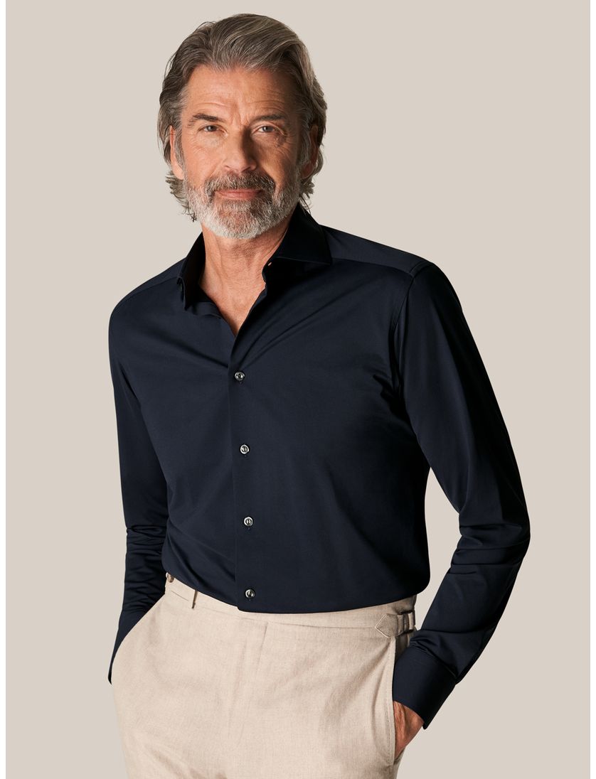 Navy Eton overhemd contemporary fit Four-Way Stretch