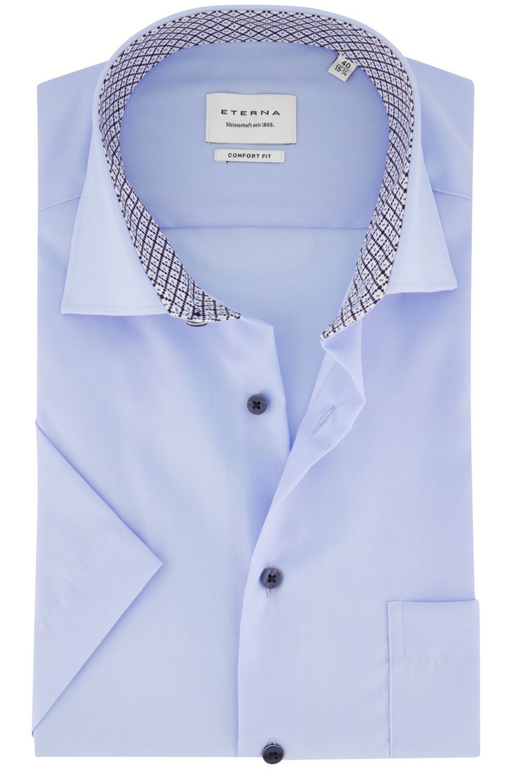 Blauw comfort fit Eterna korte mouw overhemd strijkvrij katoen