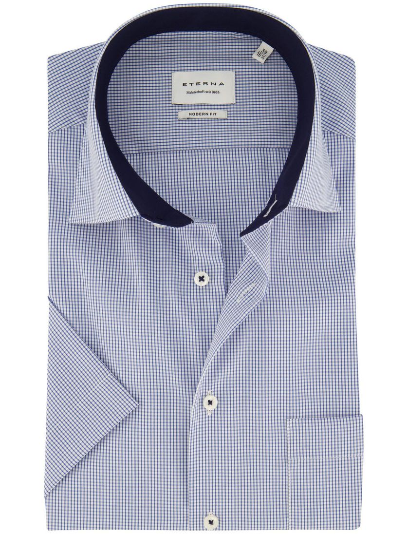 Strijkvrij Eterna overhemd Modern Fit korte mouw blauw geruit