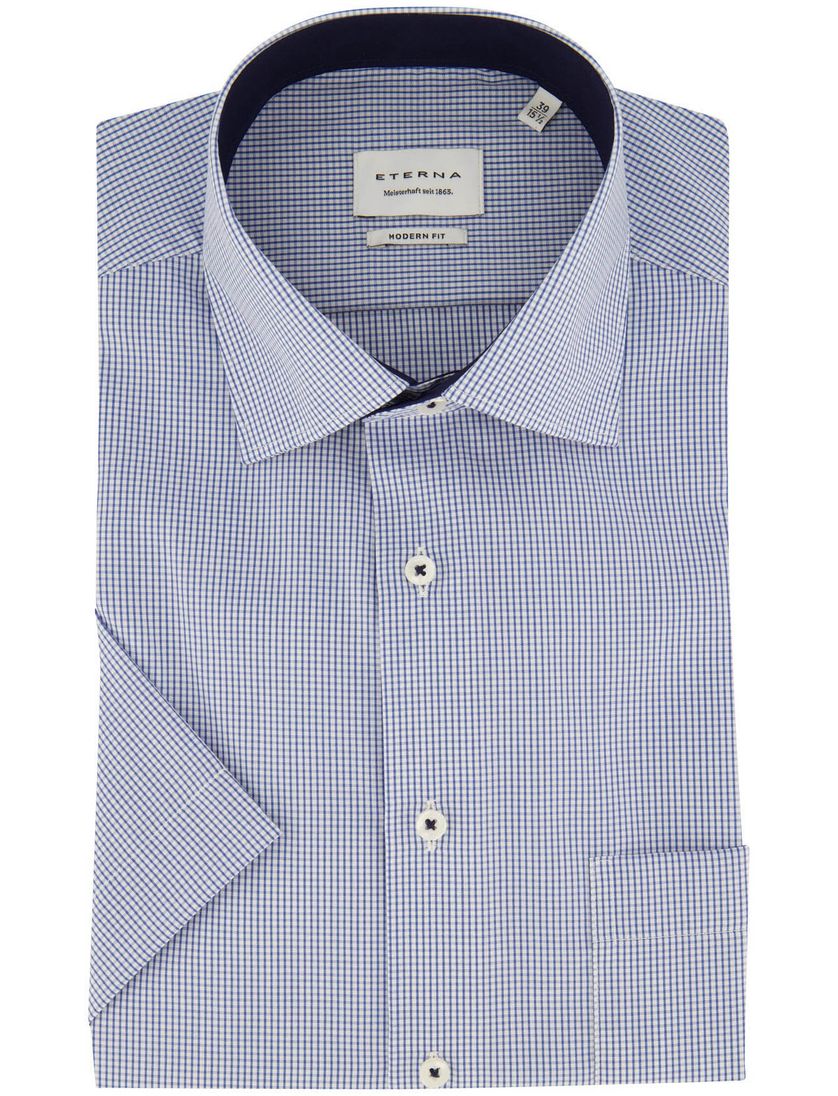 Strijkvrij Eterna overhemd Modern Fit korte mouw blauw geruit