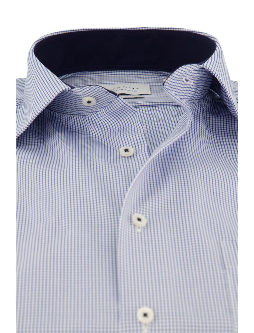 Strijkvrij Eterna overhemd Modern Fit korte mouw blauw geruit