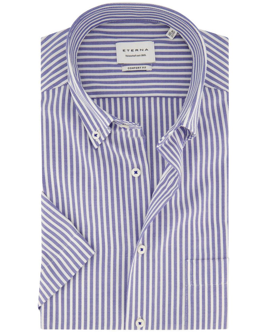 Overhemd Eterna blauw gestreept korte mouw comfort fit strijkvrij