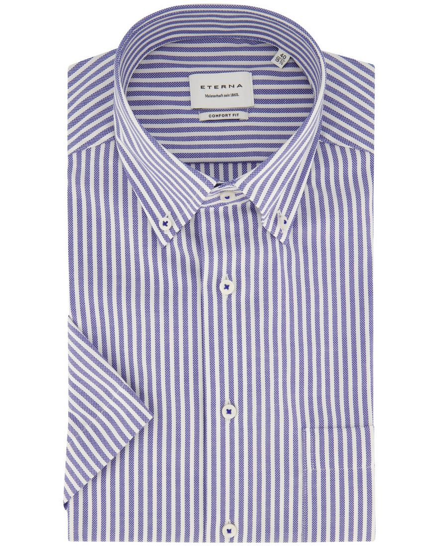 Overhemd Eterna blauw gestreept korte mouw comfort fit strijkvrij