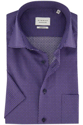 Eterna Blauw geprint Eterna overhemd borstzak modern fit korte mouw