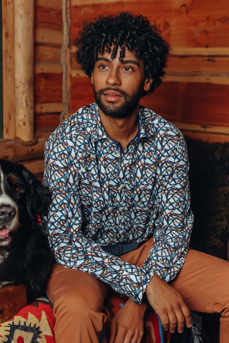 A Fish Named Fred overhemd blauw oranje geel geprint