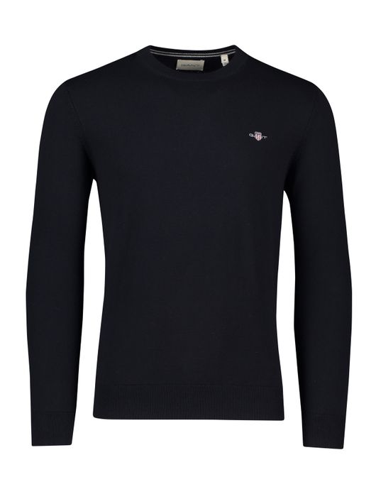 trui Gant donkerblauw effen katoen ronde hals