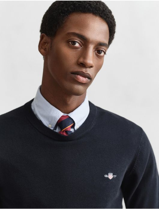 trui Gant donkerblauw effen katoen ronde hals