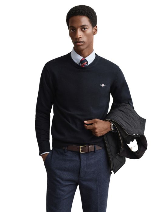 trui Gant donkerblauw effen katoen ronde hals