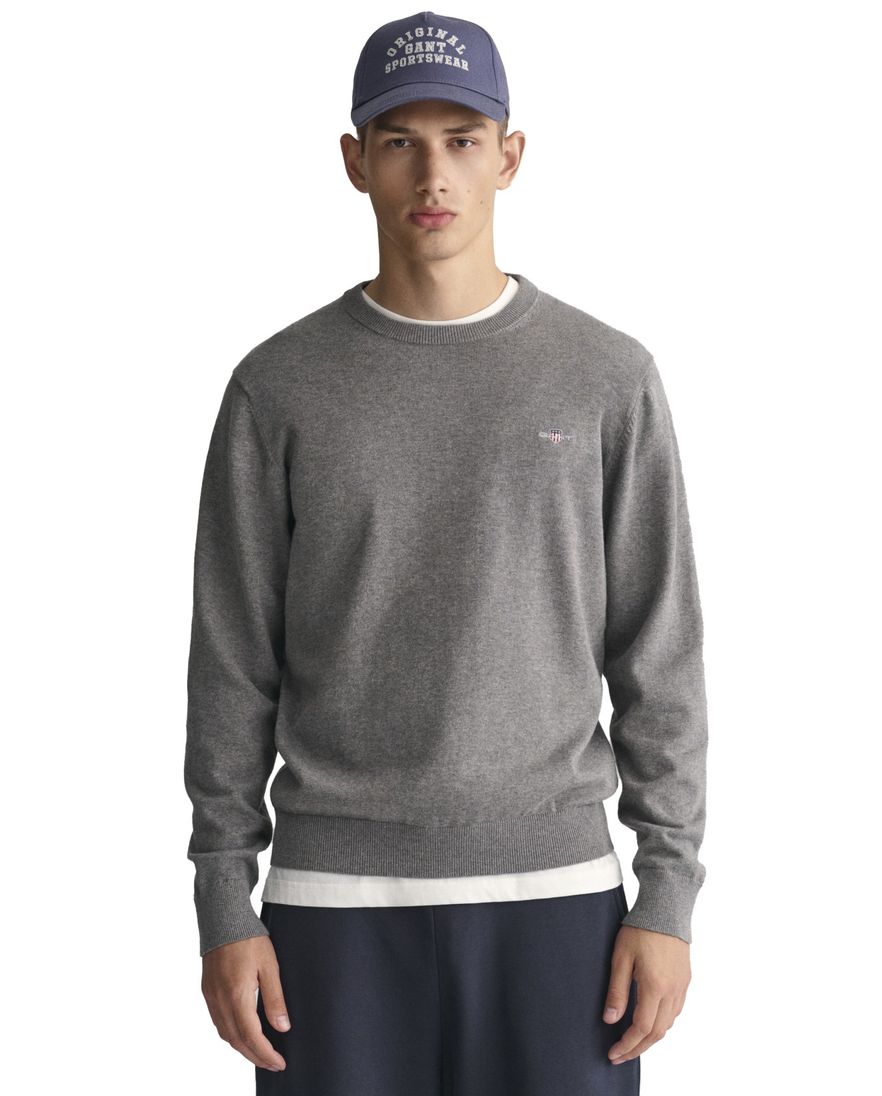 Gant trui ronde hals grijs effen katoen normale fit