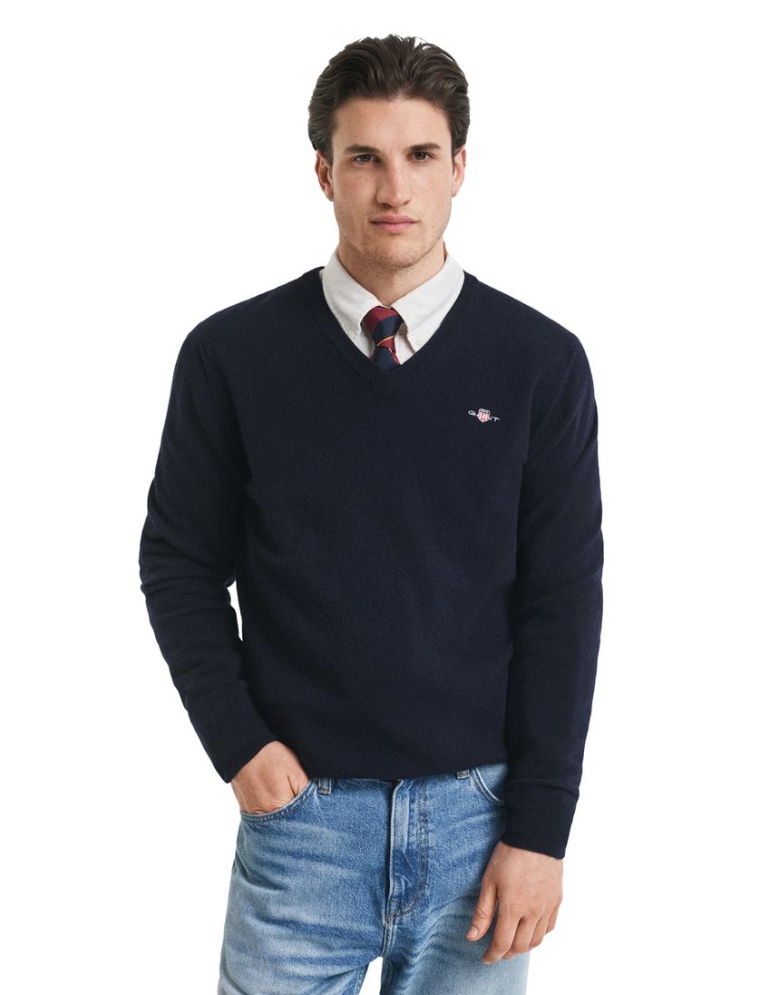 Gant trui navy effen lamswol v-hals normale fit gebreid