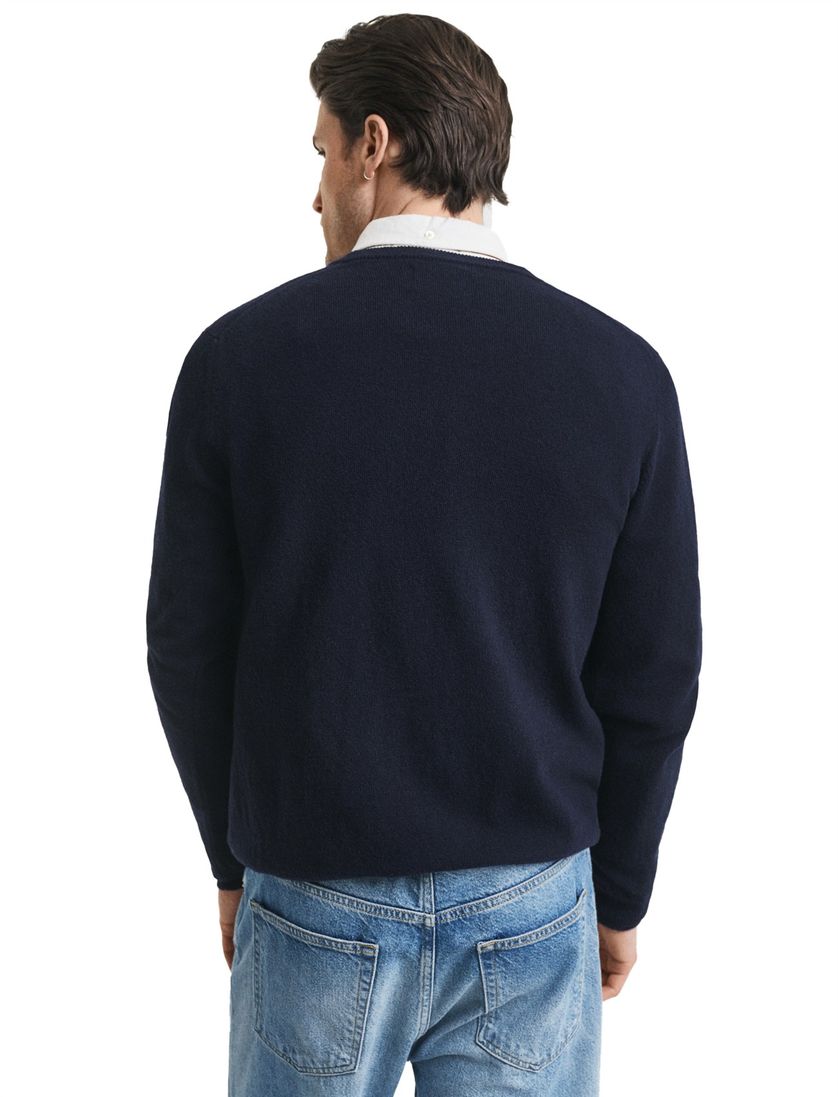 Gant trui navy effen lamswol v-hals normale fit gebreid