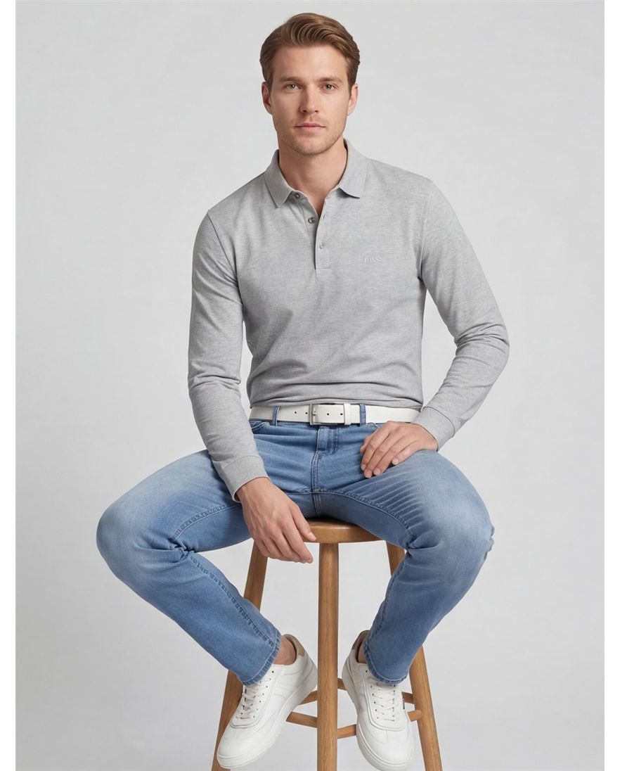 Boss Black polo Pado normale fit grijs gemêleerd