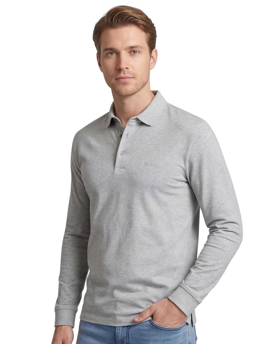Boss Black polo Pado normale fit grijs gemêleerd