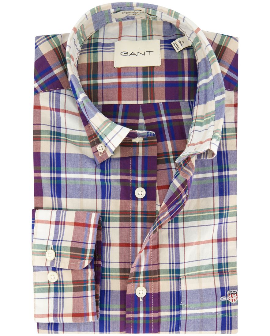 Gant overhemd normale fit blauw geruit met borstzak