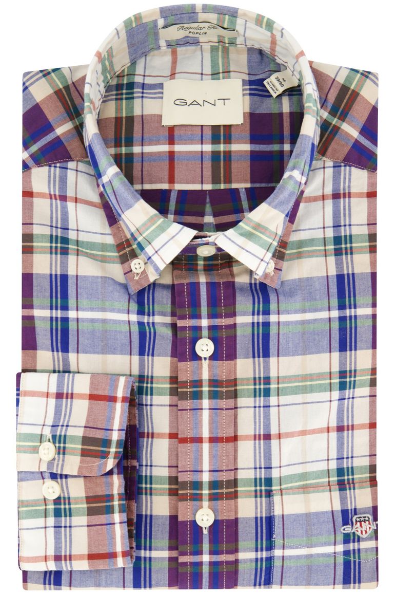 Gant overhemd normale fit blauw geruit met borstzak