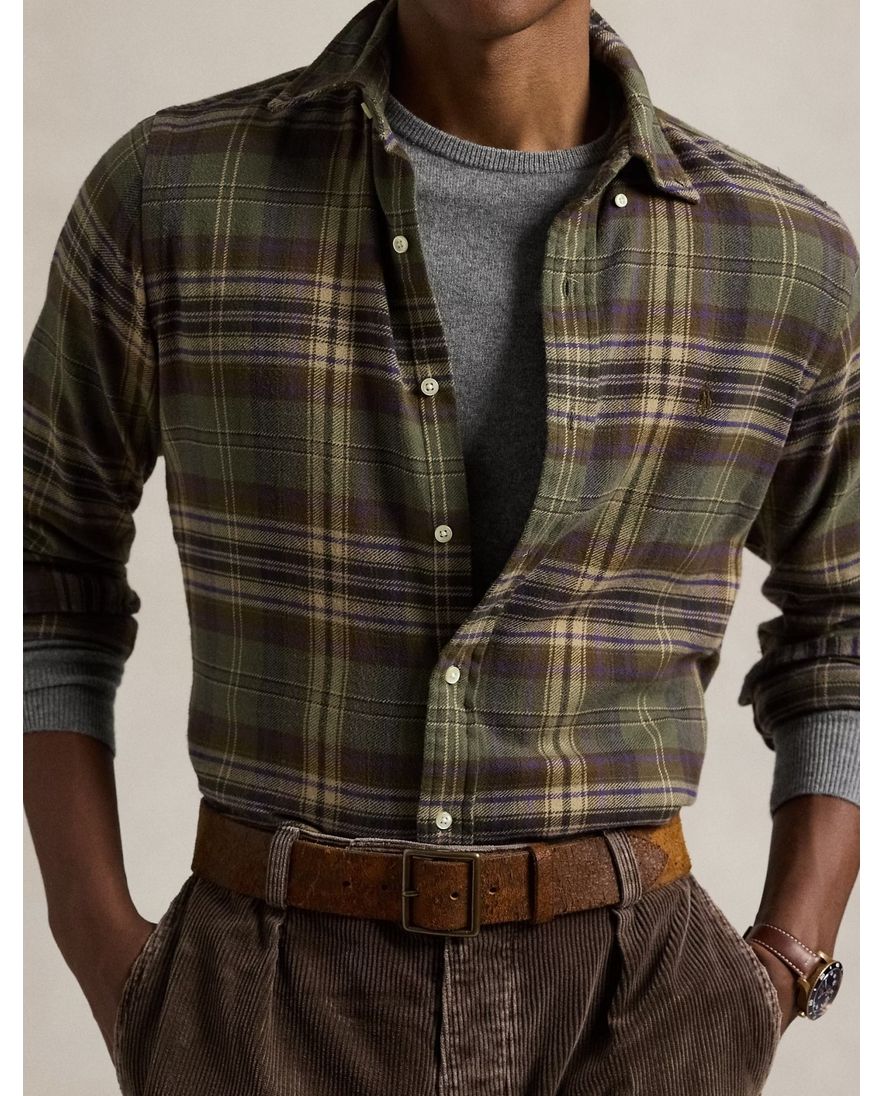 Polo Ralph Lauren overhemd groen bruin katoen flanel Custom Fit