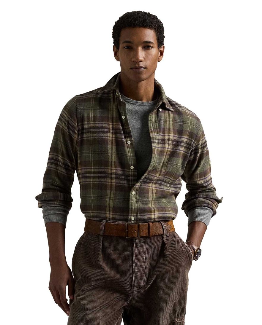 Polo Ralph Lauren overhemd groen bruin katoen flanel Custom Fit