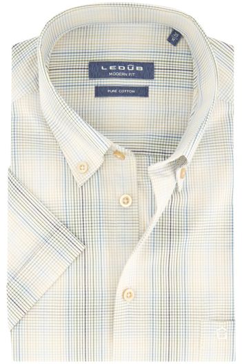 Ledub Korte mouw Ledub modern fit katoenen overhemd beige geruit