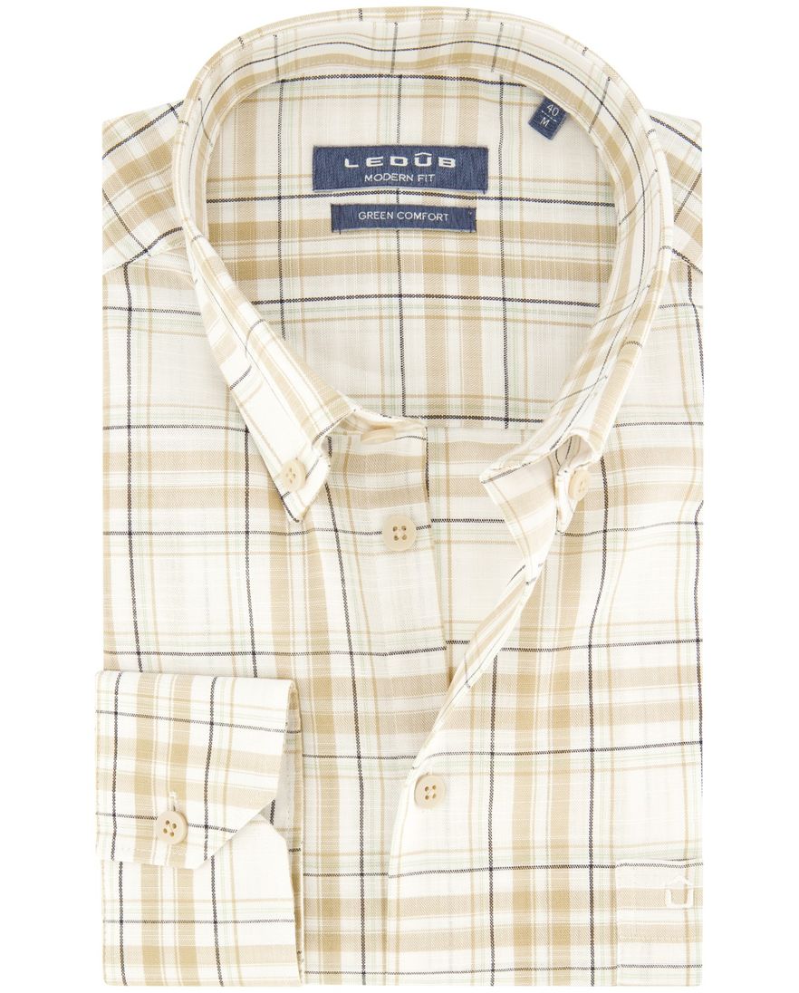 Modern fit beige Ledub overhemd geruit borstzak katoen