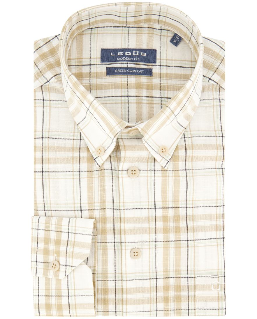 Modern fit beige Ledub overhemd geruit borstzak katoen