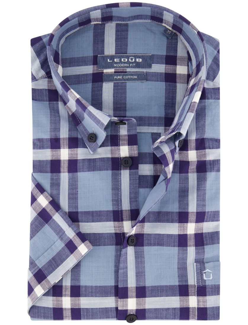 Korte mouw blauw geruit Ledub overhemd modern fit