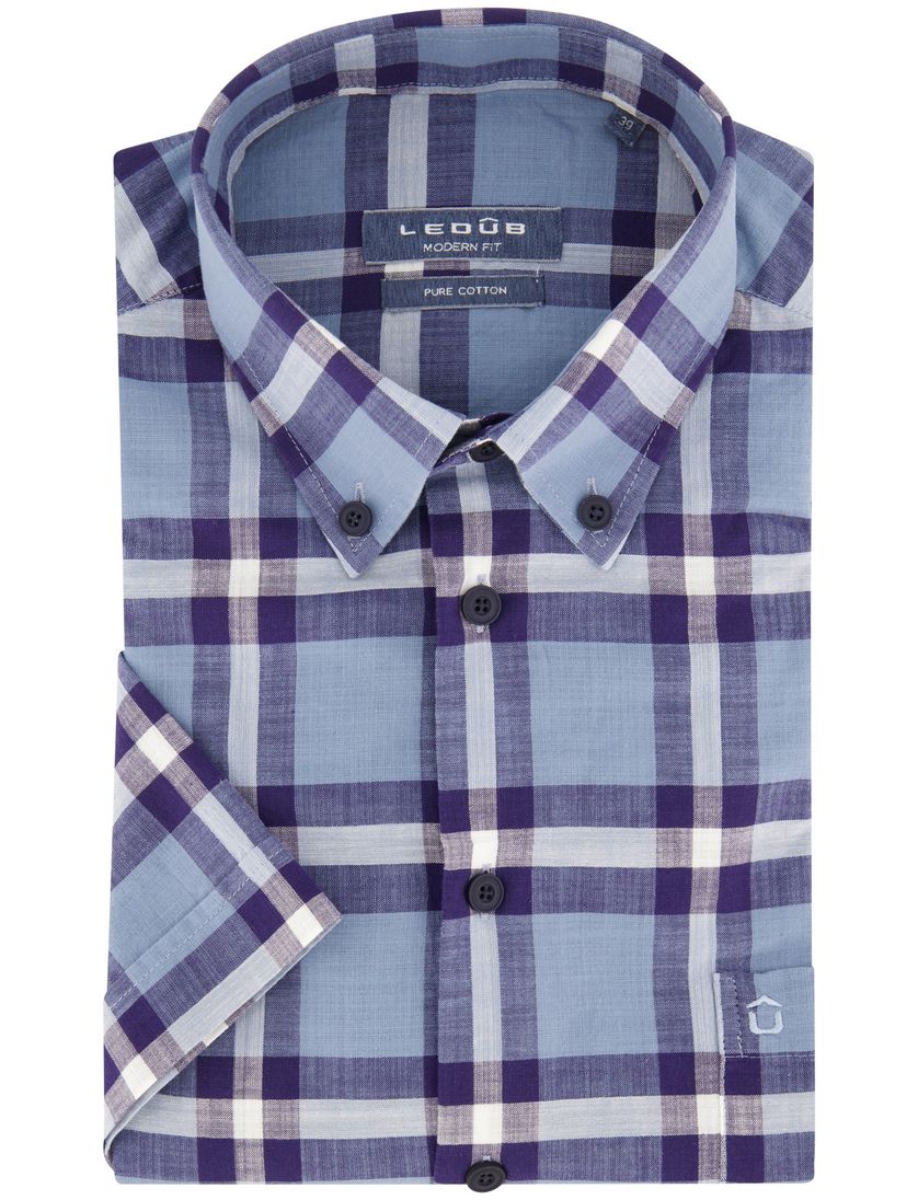 Korte mouw blauw geruit Ledub overhemd modern fit