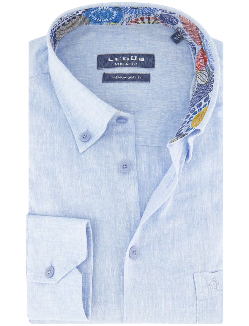 Linnen Ledub modern fit overhemd lichtblauw gemêleerd