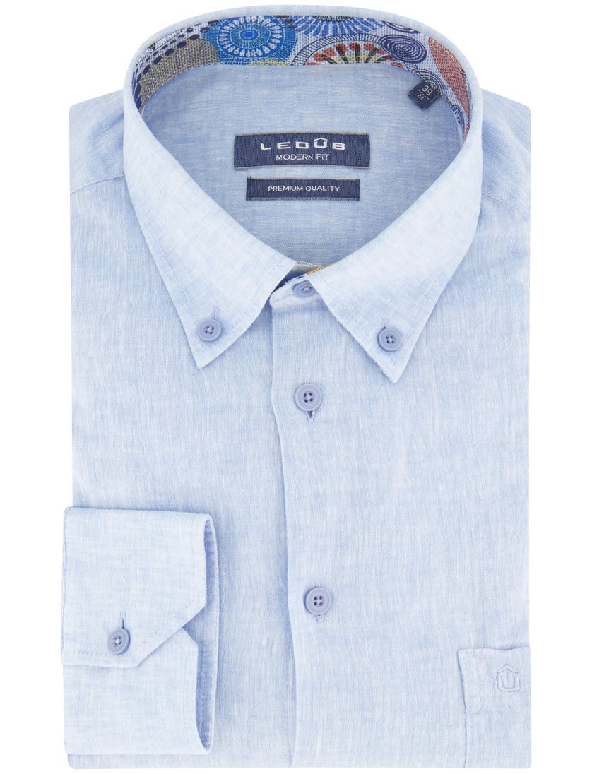 Linnen Ledub modern fit overhemd lichtblauw gemêleerd